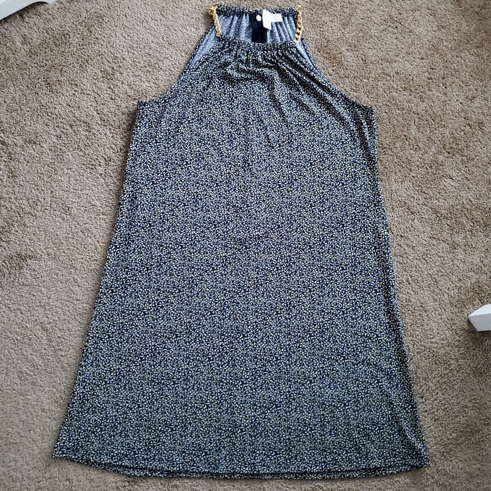 Sleeveless High-Neck Navy Micro-Print Dress